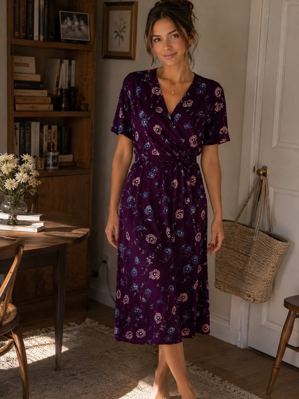 Banana Republic Floral Faux Wrap Dress Purple Short Sleeve Size L